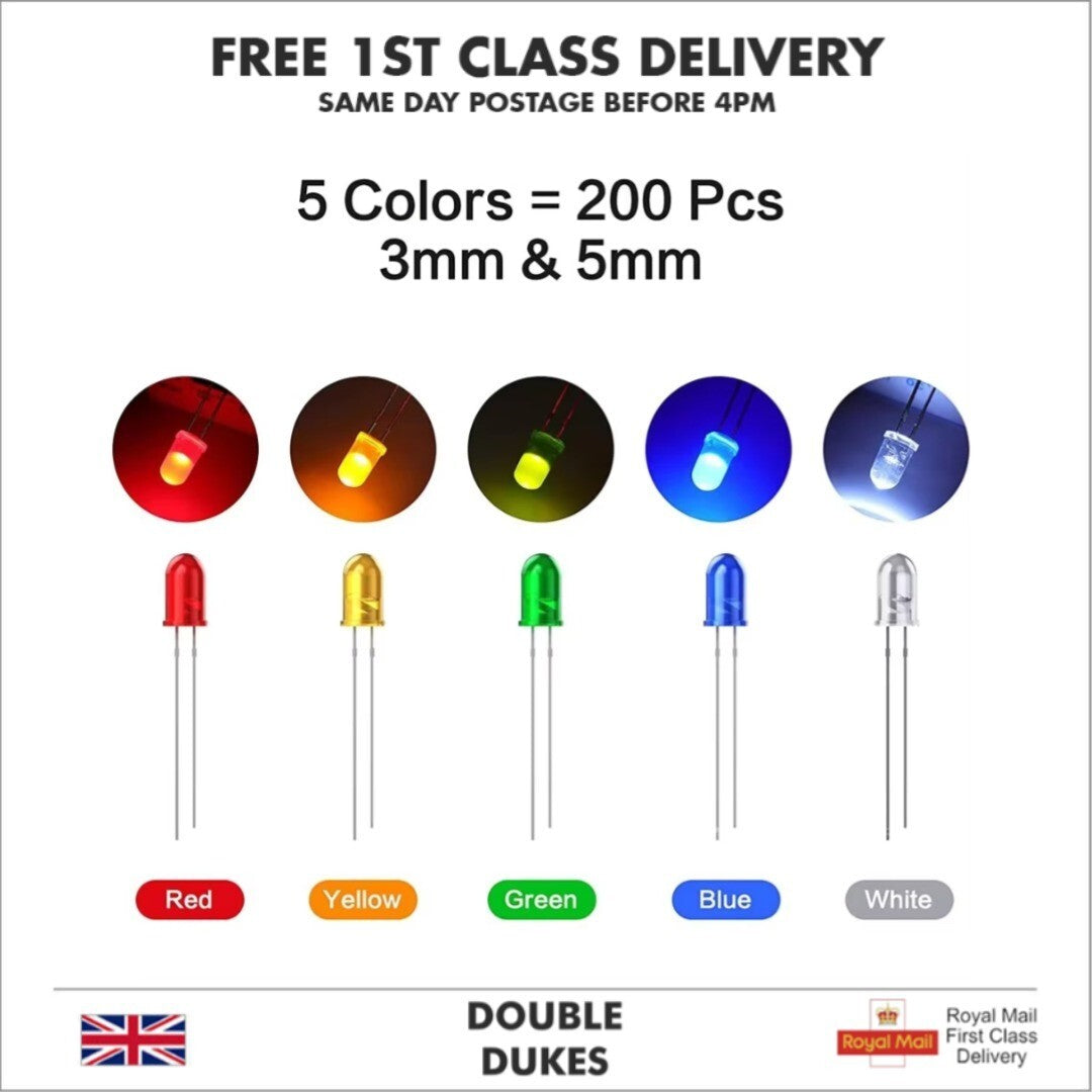 200pcs LED Diodes 3/5mm LED Light Emitting Bulb Lamp, Science, DIY, Electronics - Dukes Supplies
