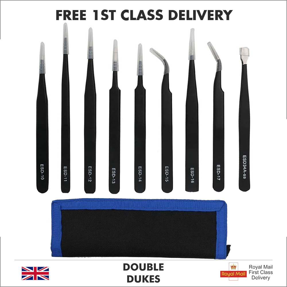 Professional ESD Anti-Static Stainless Steel Tweezers Set Maintenance Tool 10pc - Dukes Supplies