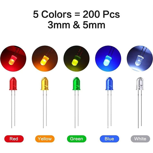 200pcs LED Diodes 3/5mm LED Light Emitting Bulb Lamp, Science, DIY, Electronics - Dukes Supplies