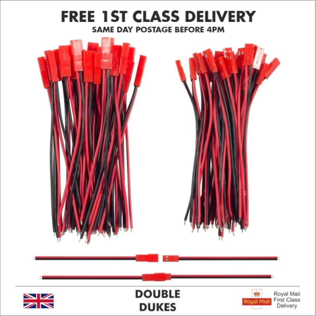 Red 2 Pin JST Plug Socket Connectors 200mm RC Li-Po Battery Leads Cable Wire UK - Dukes Supplies