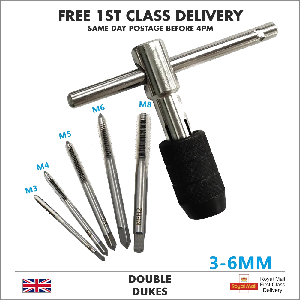 6pcs Hand Tap Set Screw Thread Taps T-Wrench Reamer M3-M8 Twist Drill Bit - Dukes Supplies
