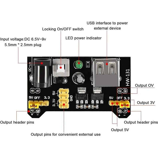 MB102 Solderless Breadboard Power Supply Module with 9V Battery Clip Power Cable - Dukes Supplies