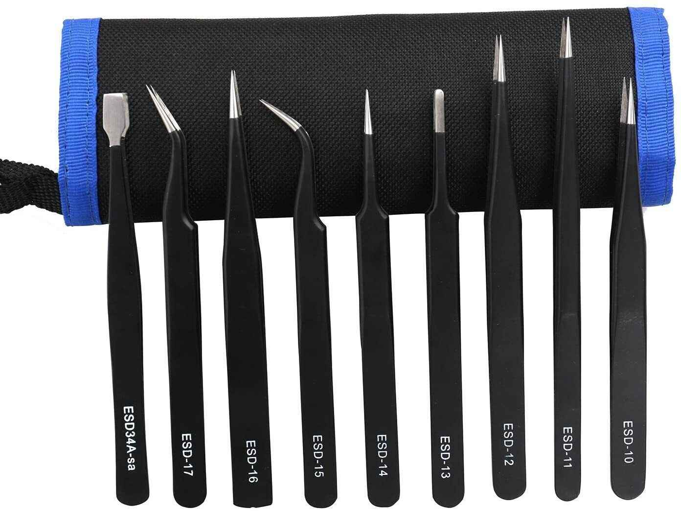 Professional ESD Anti-Static Stainless Steel Tweezers Set Maintenance Tool 10pc - Dukes Supplies