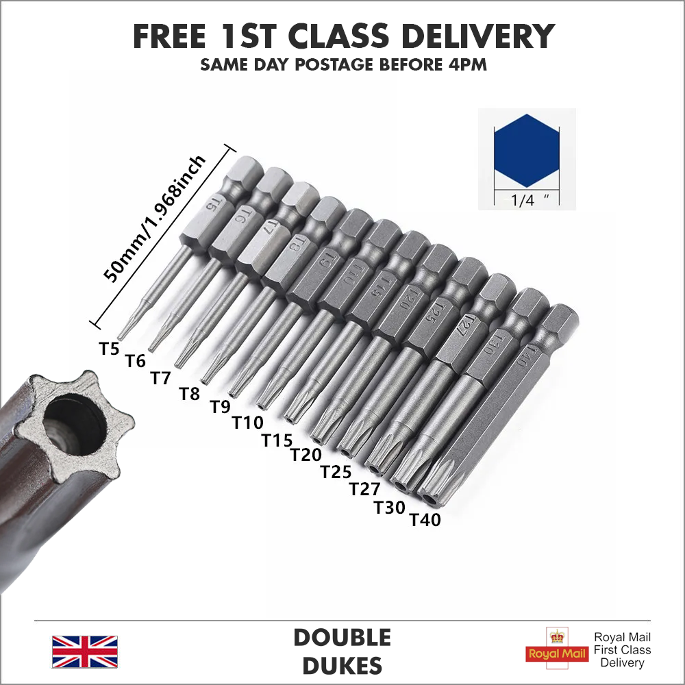 12pc Torx Screwdriver Driver Bit Hex Shank Set Security Magnetic Head 50mm - Dukes Supplies