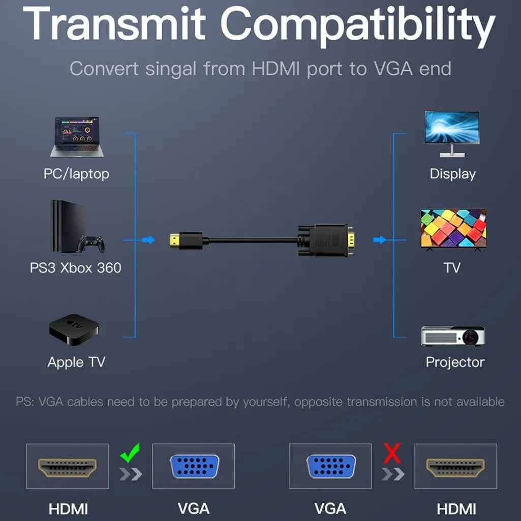 1.8m HDMI to VGA Cable Monitor Lead PC XBOX Laptop Converter Adapter 2m - Dukes Supplies