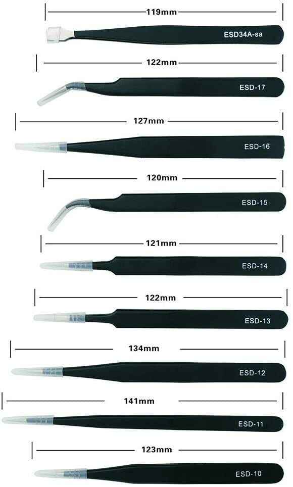 Professional ESD Anti-Static Stainless Steel Tweezers Set Maintenance Tool 10pc - Dukes Supplies