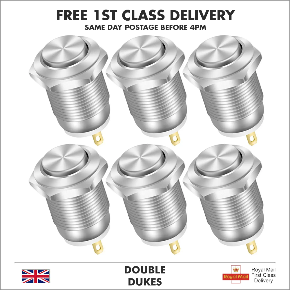 12V 12mm Momentary Push Button Switch Round Metal Waterproof 2 Pin - Dukes Supplies