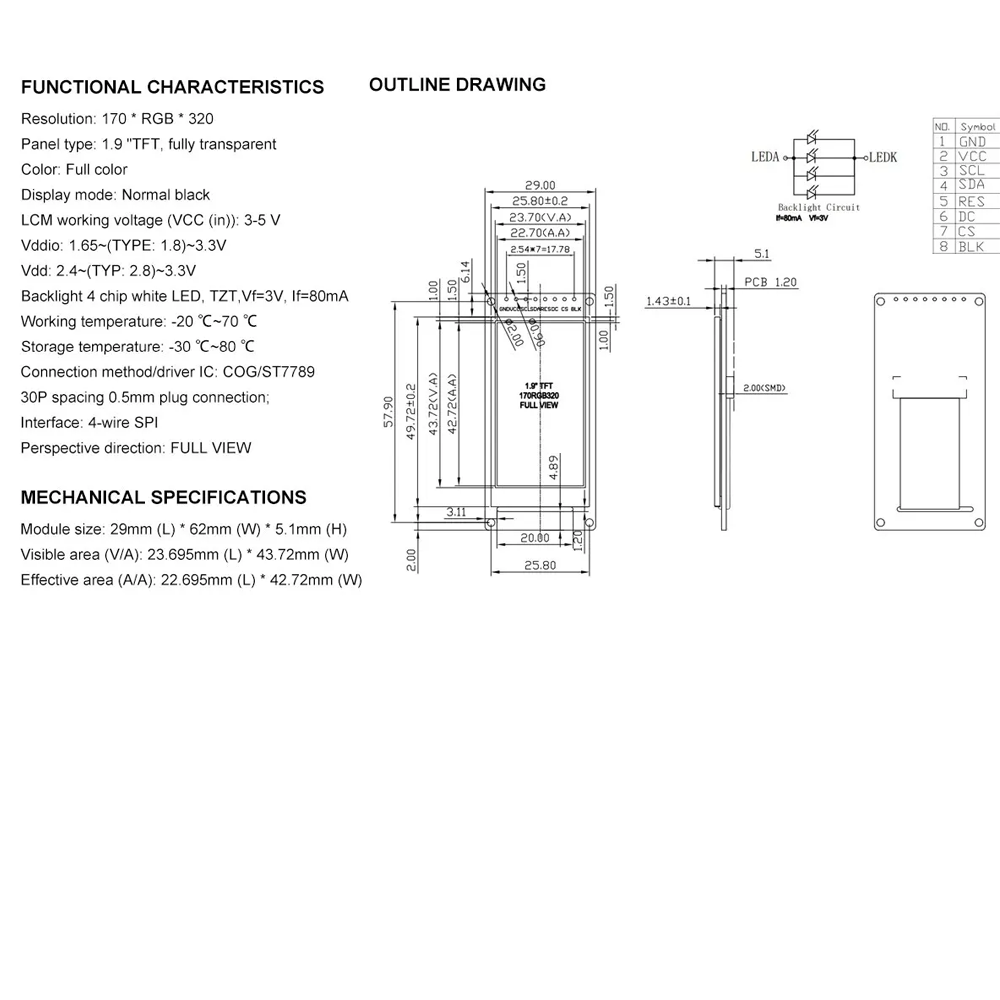1.9'' IPS Full Angle TFT LCD Color Display Screen Module SPI ST7789 170x320 UK - Dukes Supplies