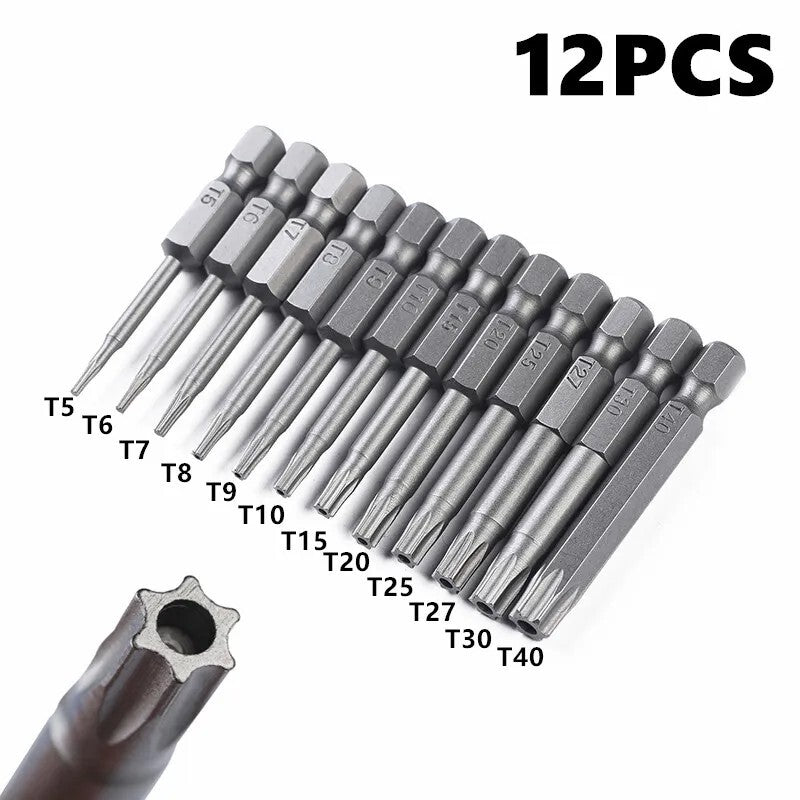 12pc Torx Screwdriver Driver Bit Hex Shank Set Security Magnetic Head 50mm - Dukes Supplies