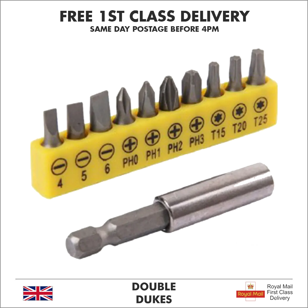 10pc Screwdriver Bits - Torx Cross Head Slotted Philips Hex Power Driver Screw - Dukes Supplies