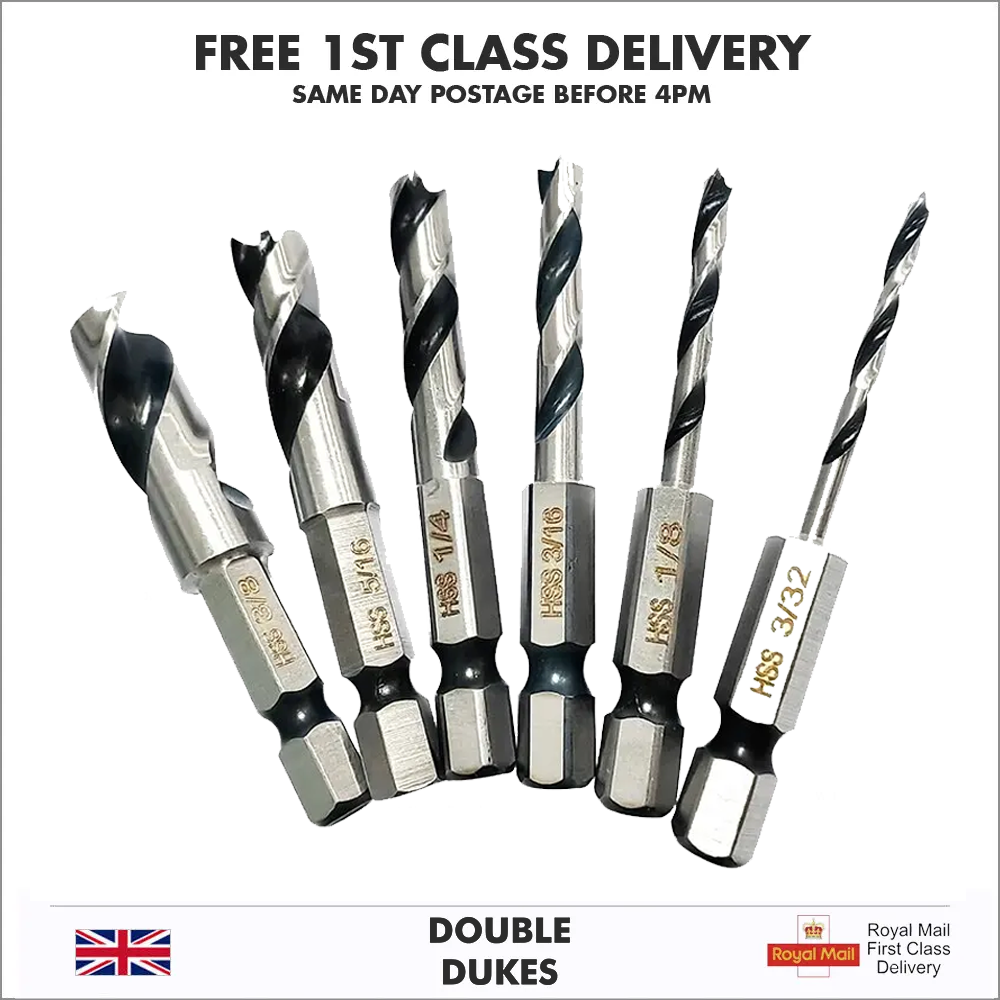 6pc Three Pointed Drill Bits Set - Hex Shank Woodwork Drill Tool Set HSS Steel - Dukes Supplies
