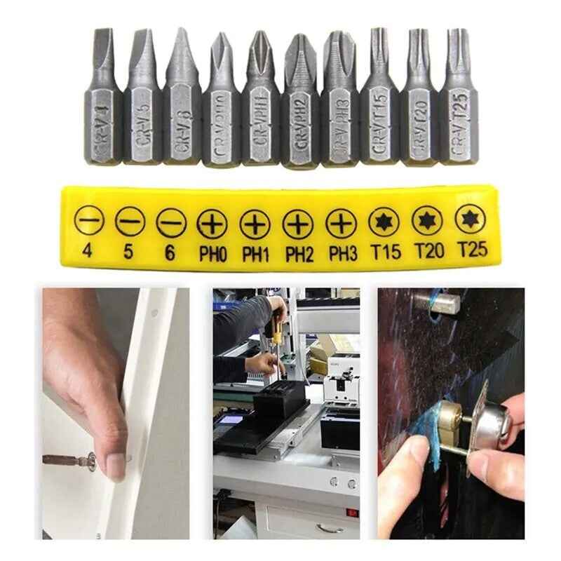 10pc Screwdriver Bits - Torx Cross Head Slotted Philips Hex Power Driver Screw - Dukes Supplies