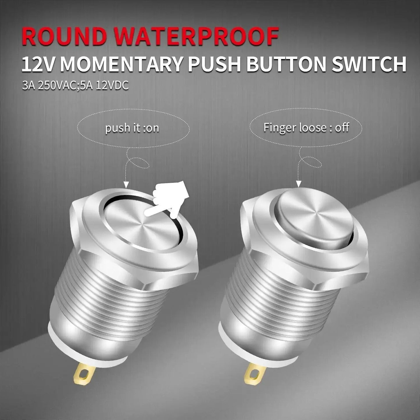 12V 12mm Momentary Push Button Switch Round Metal Waterproof 2 Pin - Dukes Supplies