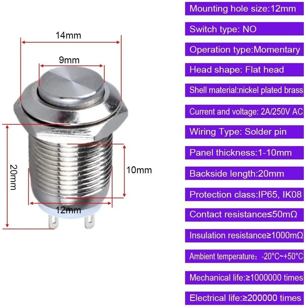 12V 12mm Momentary Push Button Switch Round Metal Waterproof 2 Pin - Dukes Supplies