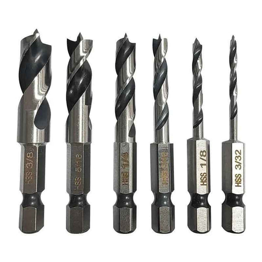 6pc Three Pointed Drill Bits Set - Hex Shank Woodwork Drill Tool Set HSS Steel - Dukes Supplies