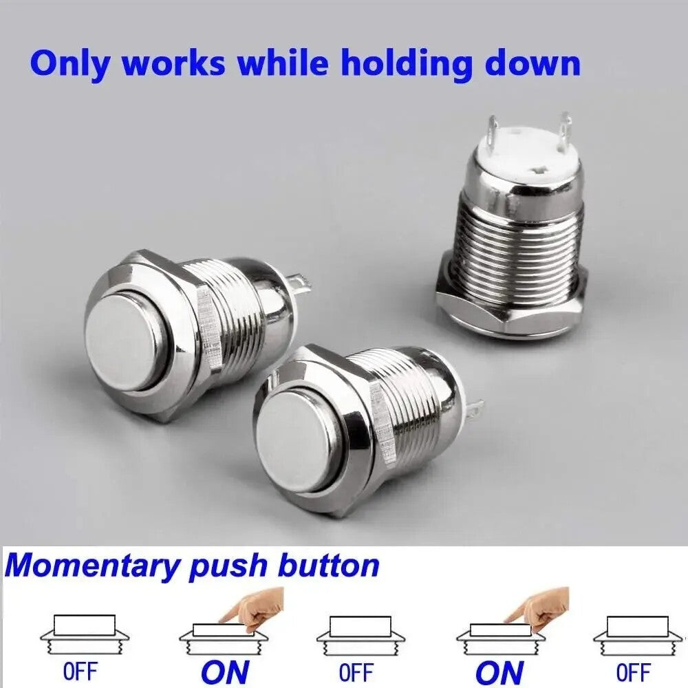 12V 12mm Momentary Push Button Switch Round Metal Waterproof 2 Pin - Dukes Supplies