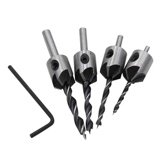 4x HSS 5 Flute Countersink Drill Bit Set Reamer Woodworking Chamfer & Wrench - Dukes Supplies