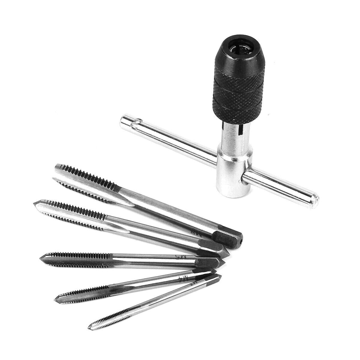 6pcs Hand Tap Set Screw Thread Taps T-Wrench Reamer M3-M8 Twist Drill Bit - Dukes Supplies