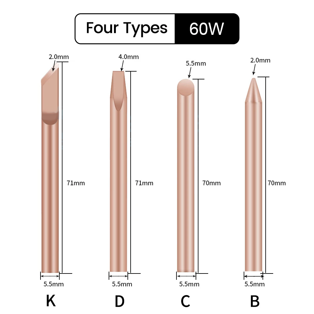 4pc Solder Soldering Iron Tips Pure Copper Replaceable Lead-Free 30W 40W 60W - Dukes Supplies