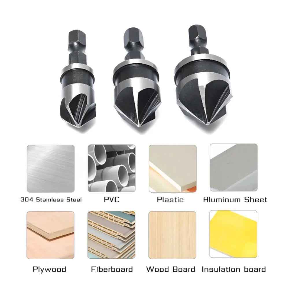 3pc Hex Countersink Drill Bits Carbon Steel HCS  1/4" 12mm 16mm 19mm Shank - Dukes Supplies