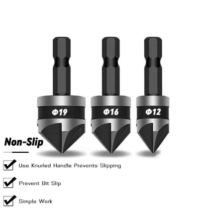 3pc Hex Countersink Drill Bits Carbon Steel HCS  1/4" 12mm 16mm 19mm Shank - Dukes Supplies