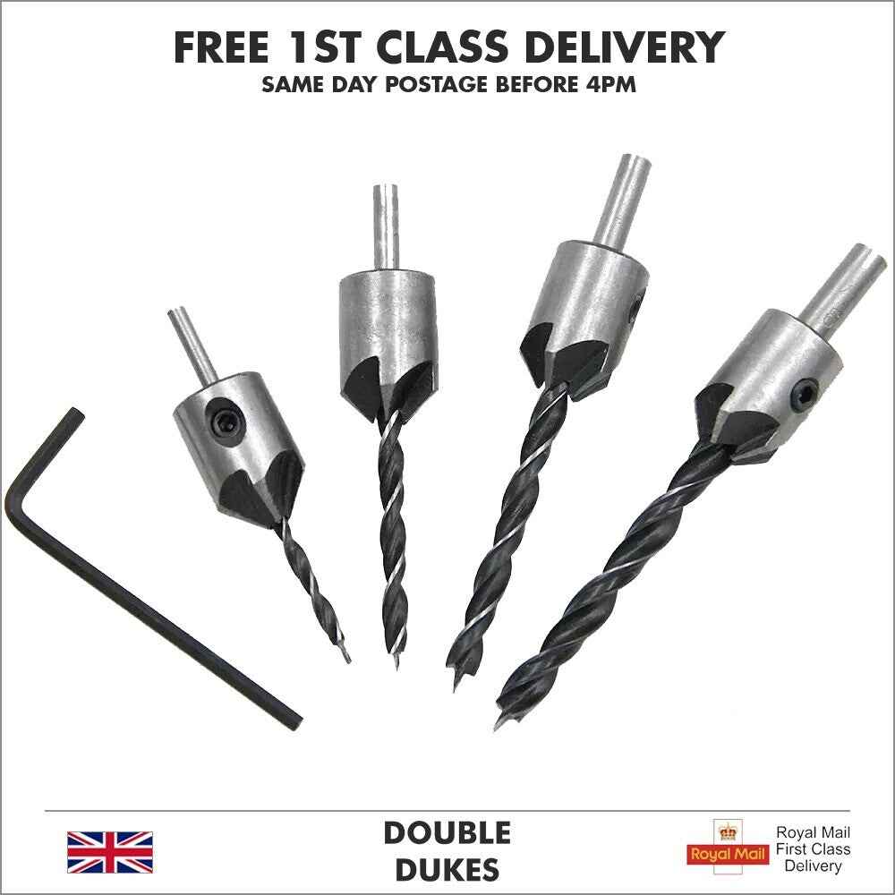 4x HSS 5 Flute Countersink Drill Bit Set Reamer Woodworking Chamfer & Wrench - Dukes Supplies