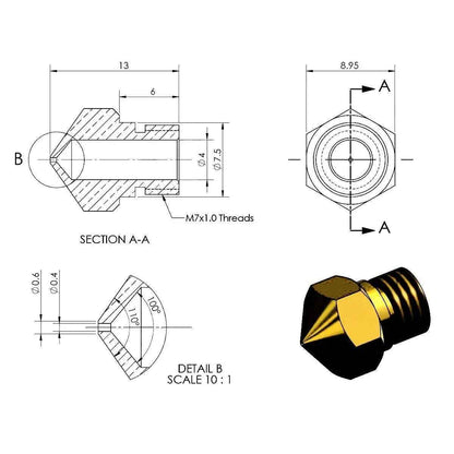 3D Printer Nozzle MK10 M7 Extruder Nozzle 0.4mm Wanhao FlashForge Creator Pro 2 - Dukes Supplies