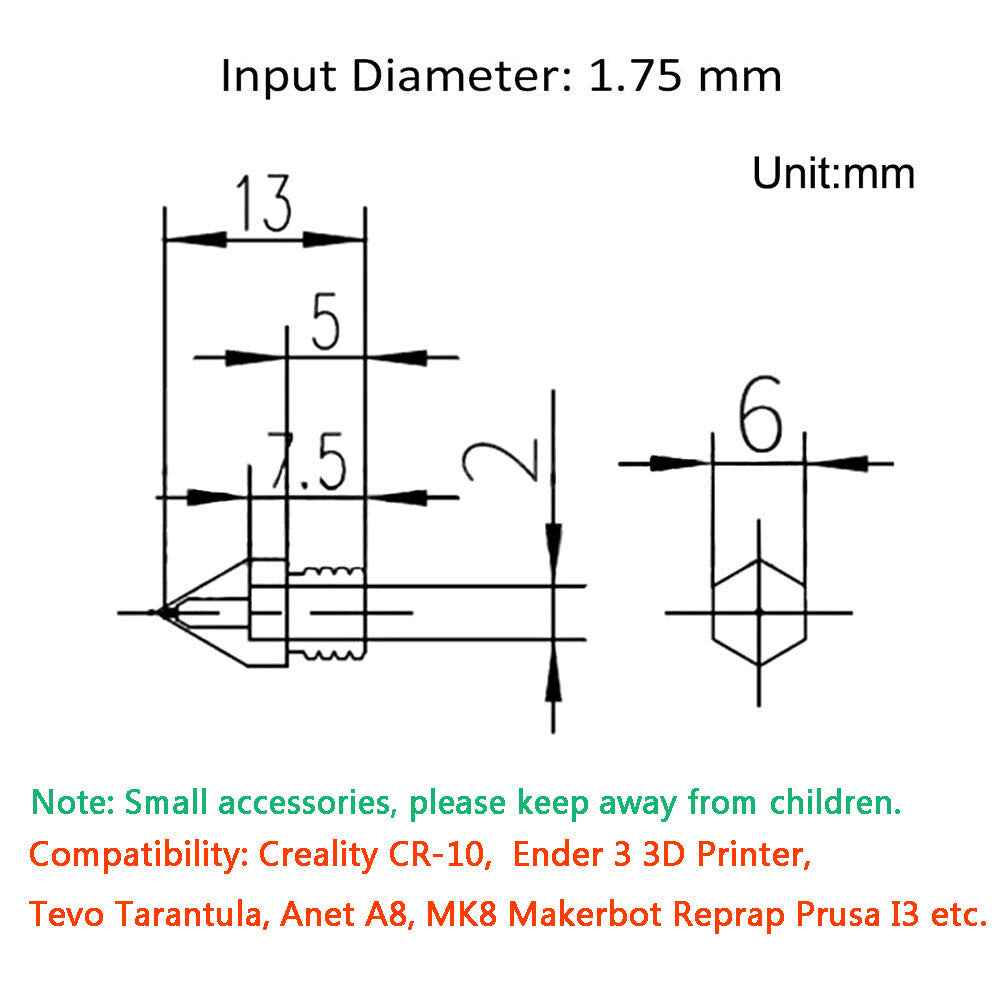 3D Printer Nozzle MK8 Extruder Ender 3 / V2 / CR10s / SE-6 Anet A8/A6 Prusa i3 - Dukes Supplies