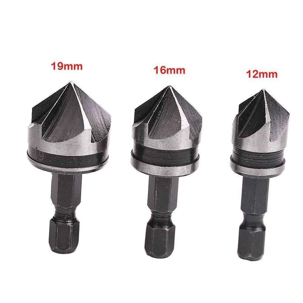 3pc Hex Countersink Drill Bits Carbon Steel HCS  1/4" 12mm 16mm 19mm Shank - Dukes Supplies