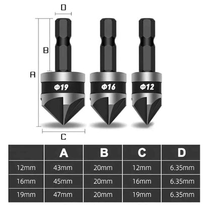 3pc Hex Countersink Drill Bits Carbon Steel HCS  1/4" 12mm 16mm 19mm Shank - Dukes Supplies