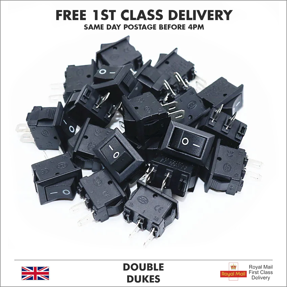 Rectangular Rocker Switch 15mm X 10mm KCD1 SPST Small Black 2 Pin ON-OFF 250V - Dukes Supplies
