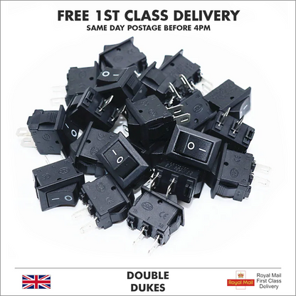 Rectangular Rocker Switch 15mm X 10mm KCD1 SPST Small Black 2 Pin ON-OFF 250V - Dukes Supplies