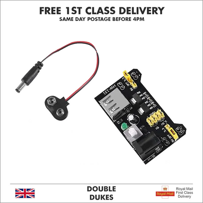 MB102 Solderless Breadboard Power Supply Module with 9V Battery Clip Power Cable - Dukes Supplies