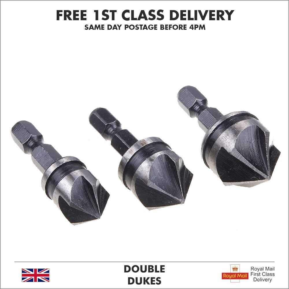 3pc Hex Countersink Drill Bits Carbon Steel HCS  1/4" 12mm 16mm 19mm Shank - Dukes Supplies