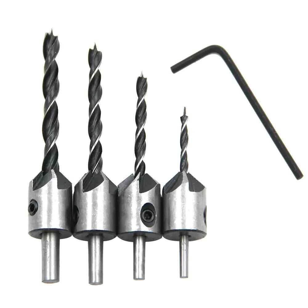 4x HSS 5 Flute Countersink Drill Bit Set Reamer Woodworking Chamfer & Wrench - Dukes Supplies