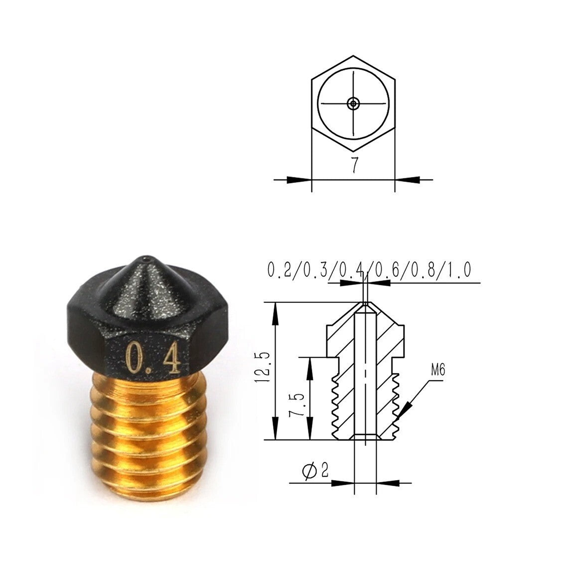 E3D V6 0.4mm PTFE Coated Brass Nozzle 1.75mm Non Stick 3D Printer - Dukes Supplies