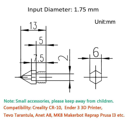 3D Printer Nozzle MK8 Brass Extruder 0.2mm - 1.0mm Creality Ender CR-10 makerbot - Dukes Supplies