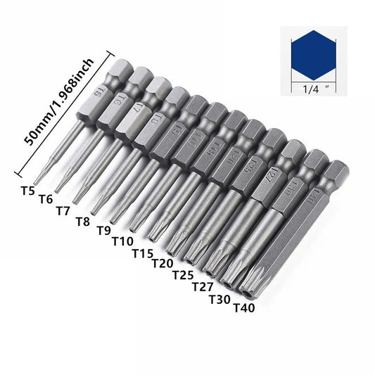 12pc Torx Screwdriver Driver Bit Hex Shank Set Security Magnetic Head 50mm - Dukes Supplies