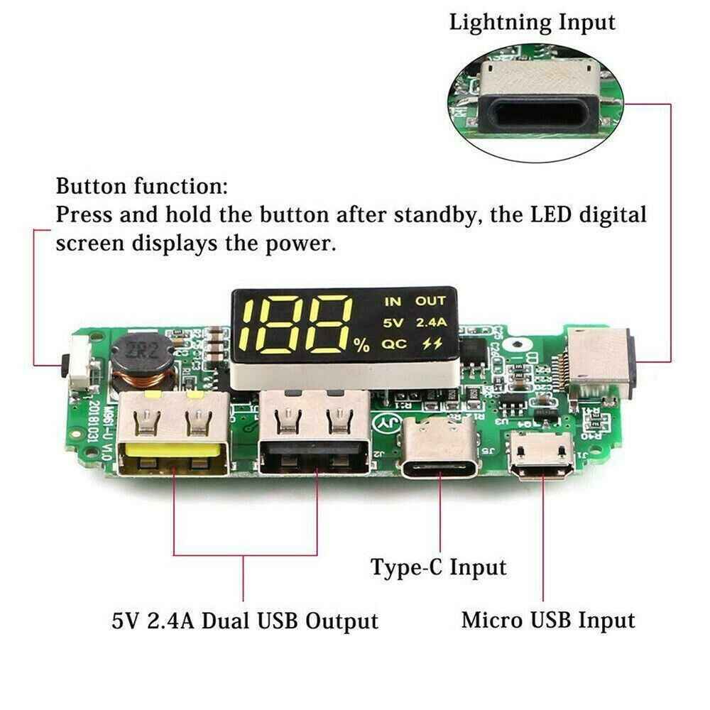 LED Dual USB 5V 2.4A Micro/Type-C USB Mobile 18650 Charging Module - Dukes Supplies