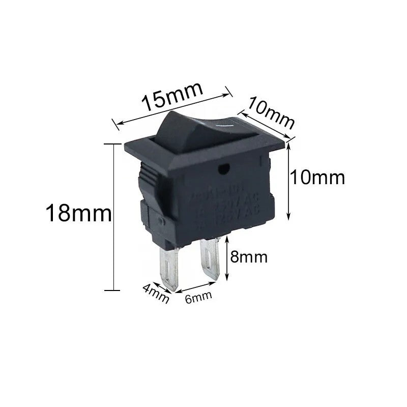 Rectangular Rocker Switch 15mm X 10mm KCD1 SPST Small Black 2 Pin ON-OFF 250V - Dukes Supplies