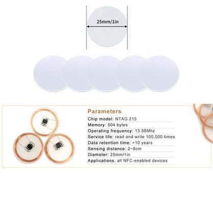 NTAG215 NFC Sticker Coins Adhesive 25mm 13.56 MHZ TagMo Amiibo iOS Android - Dukes Supplies