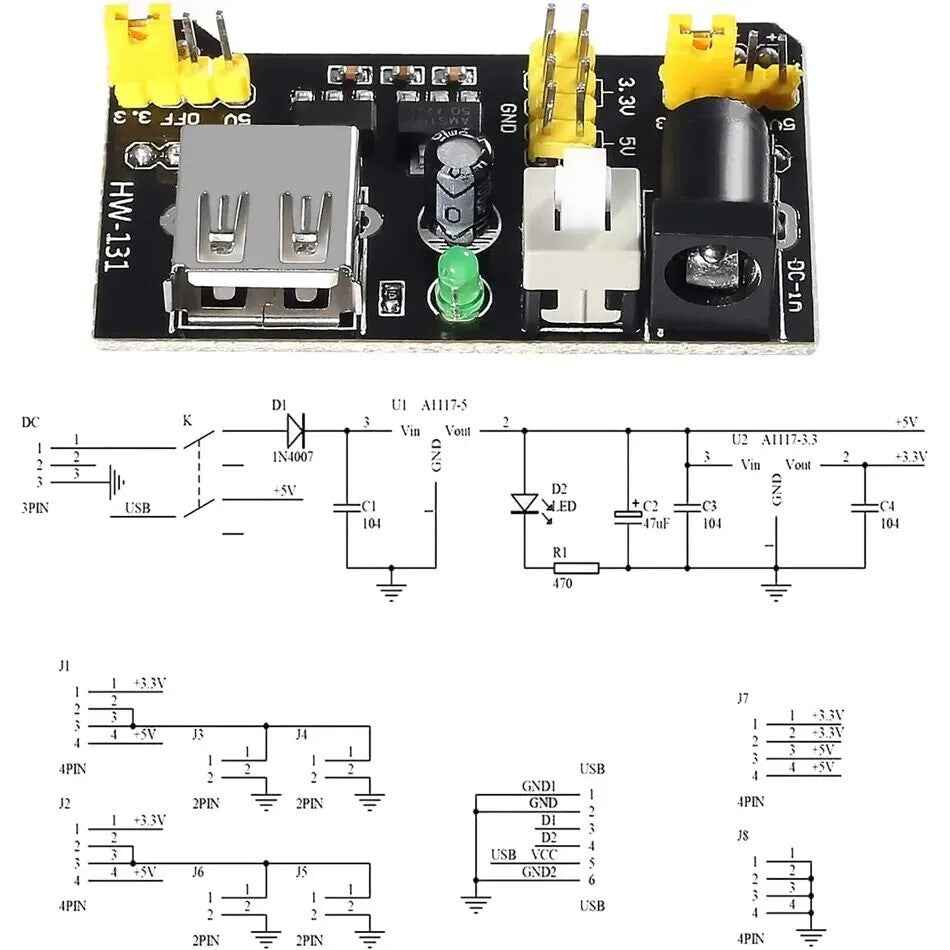 MB102 Solderless Breadboard Power Supply Module with 9V Battery Clip Power Cable - Dukes Supplies