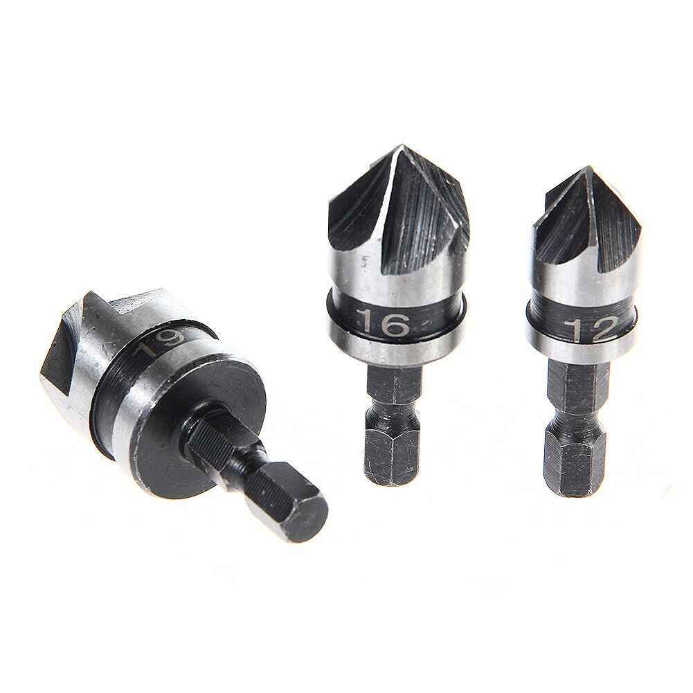 3pc Hex Countersink Drill Bits Carbon Steel HCS  1/4" 12mm 16mm 19mm Shank - Dukes Supplies