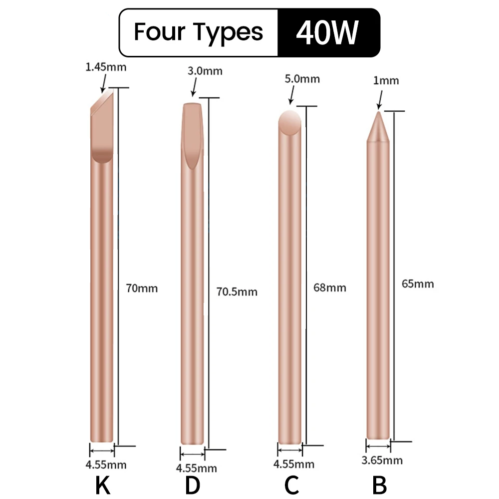 4pc Solder Soldering Iron Tips Pure Copper Replaceable Lead-Free 30W 40W 60W - Dukes Supplies