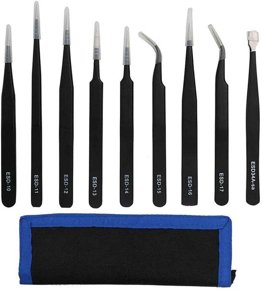 Professional ESD Anti-Static Stainless Steel Tweezers Set  Maintenance Tool 10pc - Dukes Supplies