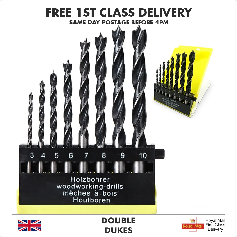 8pc HSS Twist Drill Bit Set Spur Brad Point Round Shank Wood Drill Woodworking - Dukes Supplies