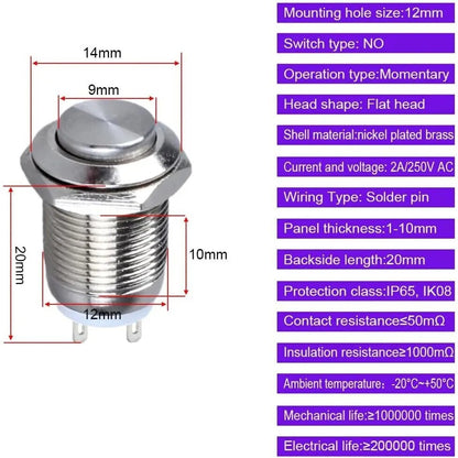 12V 12mm Momentary Push Button Switch Round Metal Waterproof 2 Pin - Dukes Supplies