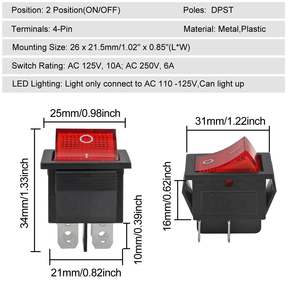 KCD4 2 Position Rectangular Rocker Switch 4 Pin 250V 16A ON OFF Large Heavy Duty - Dukes Supplies