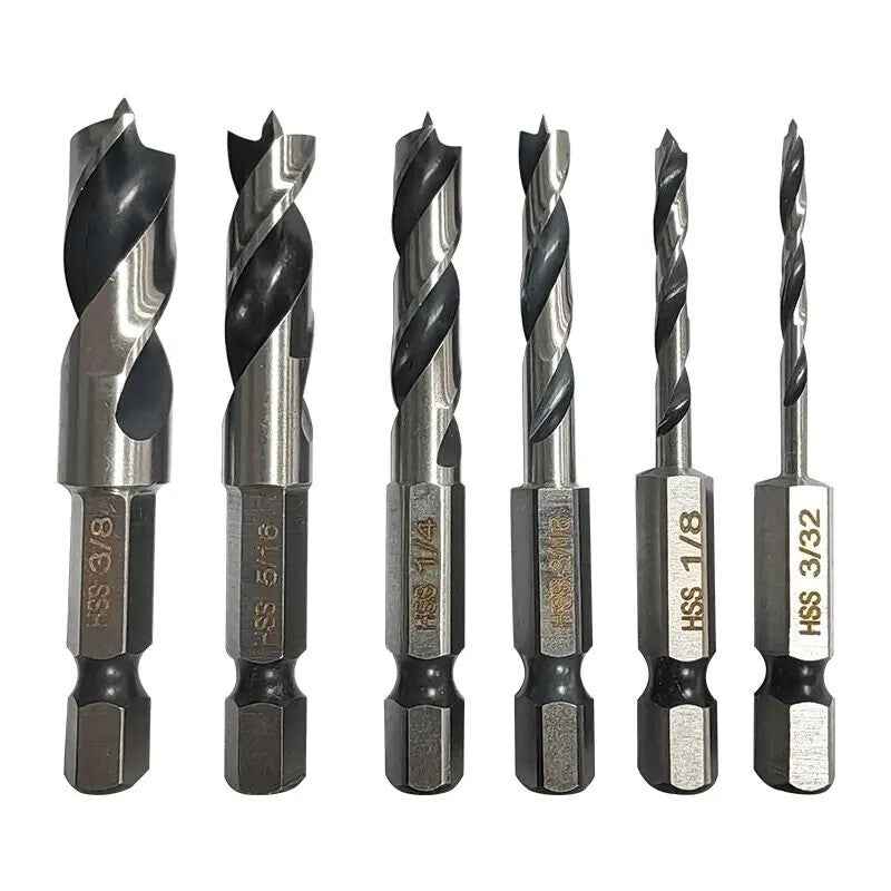 6pc Three Pointed Drill Bits Set - Hex Shank Woodwork Drill Tool Set HSS Steel - Dukes Supplies