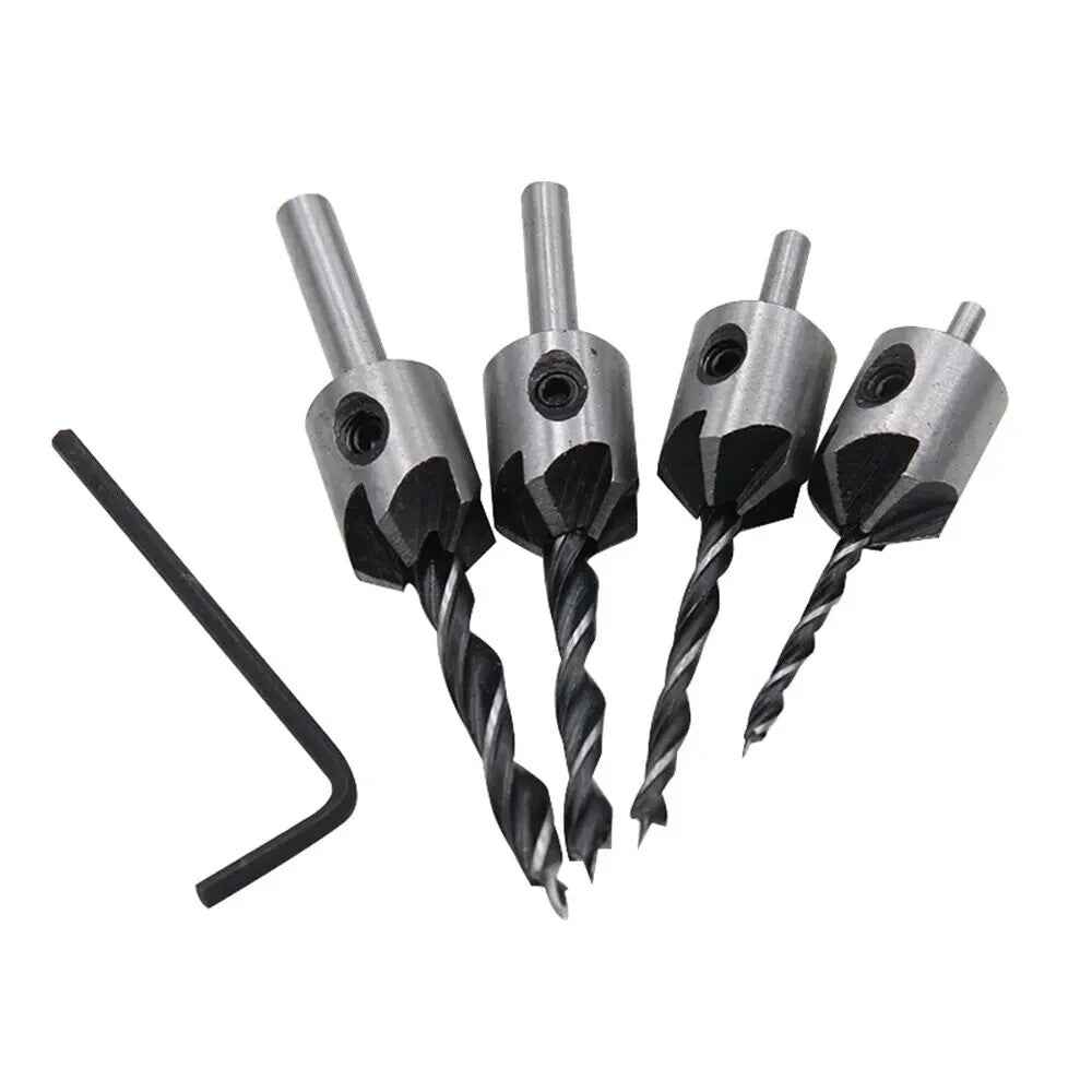 4x HSS 5 Flute Countersink Drill Bit Set Reamer Woodworking Chamfer & Wrench - Dukes Supplies